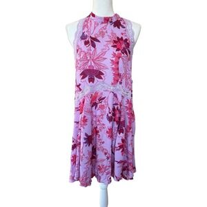 Free People Mini Dress Lavender Floral Print Lace‎ Trim Boho Party Cover Up M